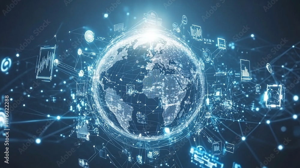 Poster a digital representation of a connected globe with data icons.