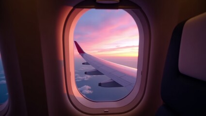 Airplane window view at sunset with vibrant sky gradient