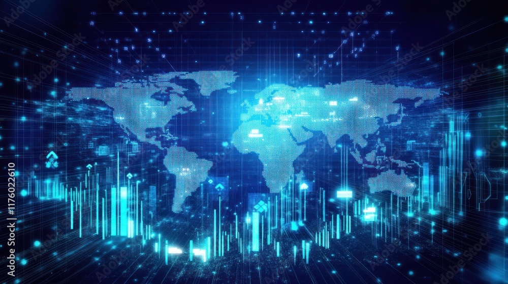 Poster futuristic world map visualization with data overlays, network connections, and digital graphics rep