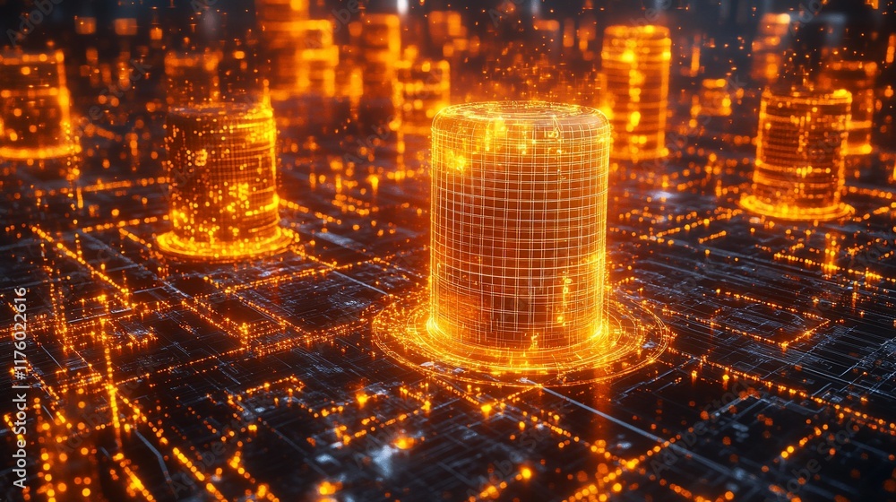 Poster a digital representation of data storage with glowing elements.