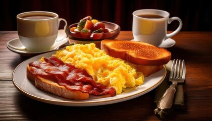 breakfast with coffee eggs and bacon