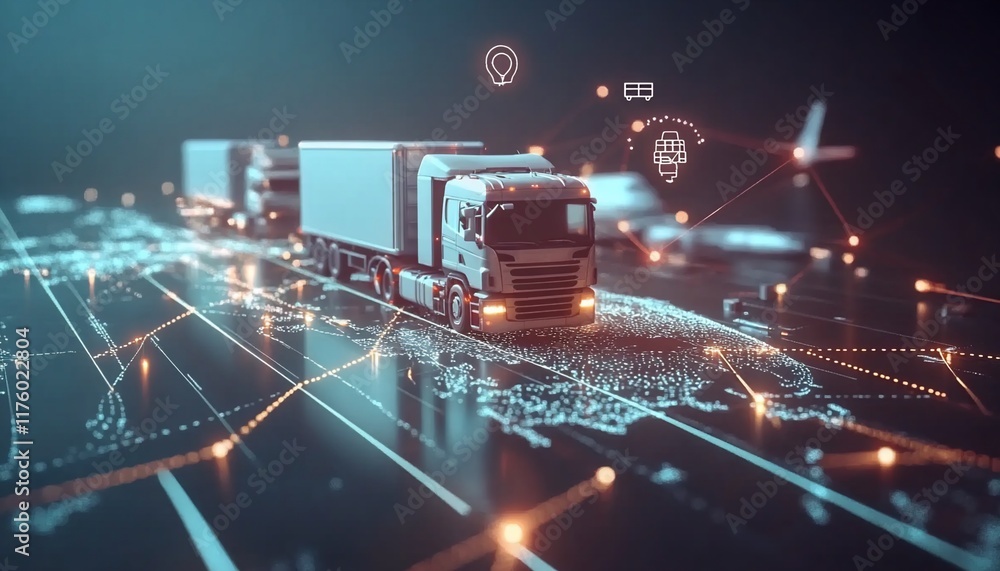 Poster a digital representation of trucks navigating a networked transport system.
