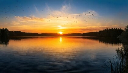 Fototapeta premium sunset over lake peaceful environment