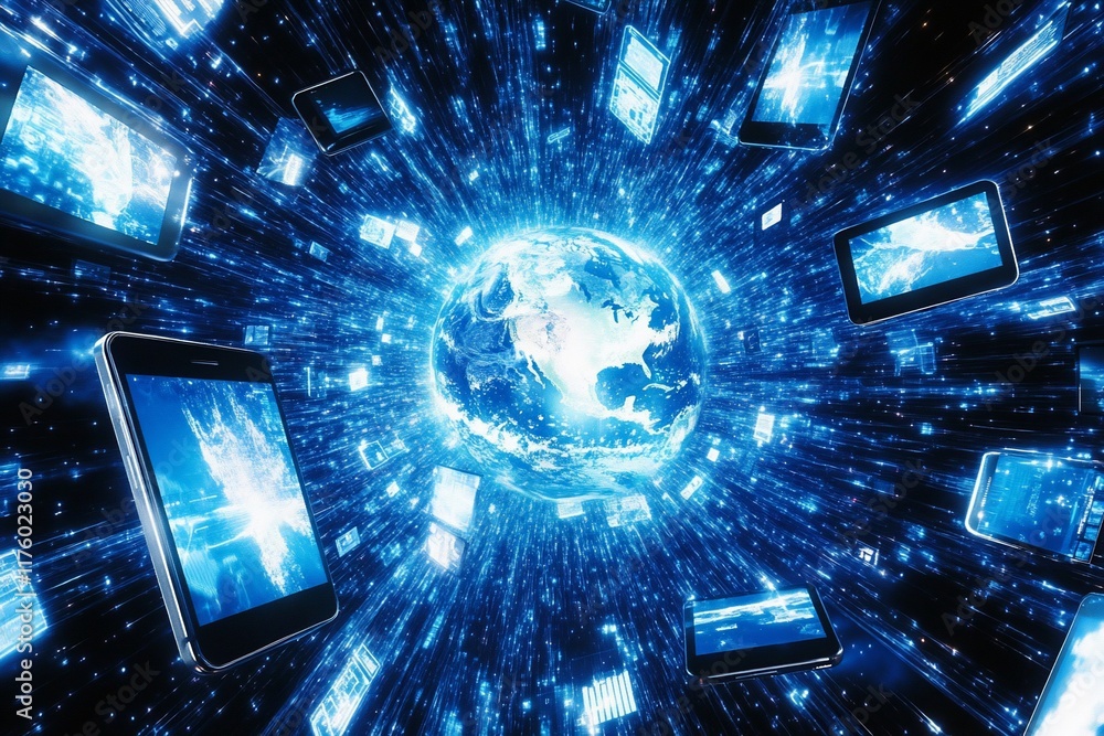 Poster a digital representation of the earth surrounded by floating devices.