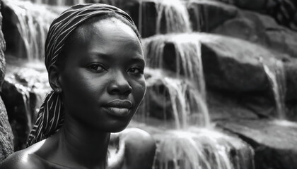 Obraz premium Elegant woman posing near serene waterfall in a natural setting during daylight hours