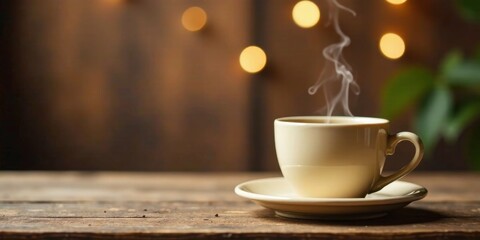 Obraz premium Warm beverage in a steaming cup on rustic wood