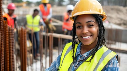 Smiling Female Industrial Worker Wearing Safety Vest at Construction Site Hard Hat
