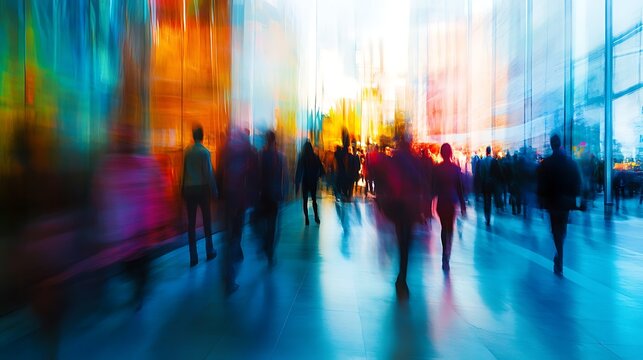 Long exposure picture of business people walking in a bright office lobby, moving fast with blur. AI generated picture. 