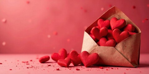 A heartfelt message overflowing with love an envelope brimming with crimson hearts on a romantic background.