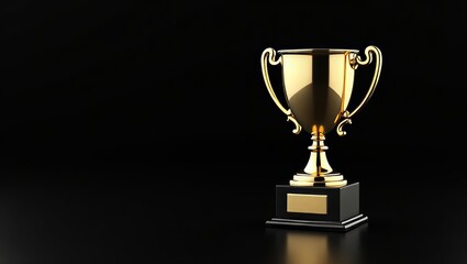Golden trophy on black background with blank plaque for engraving