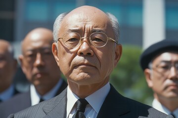 厳粛な表情で集合している中年男性たちが特定のイベントに出席している