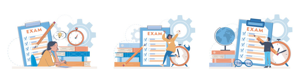 Set of exam. Students preparing for test or examination. School, university or college. Education, learning and training. Linear vector collection isolated on white background