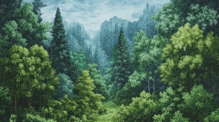Fototapeta premium A painting of a forest with trees and a path