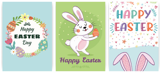 Set of colorful Easter cards with bunny character holding egg, decorative flowers, and festive text. Perfect for holiday greeting, celebration, banner, cover or social media post. Vector illustration