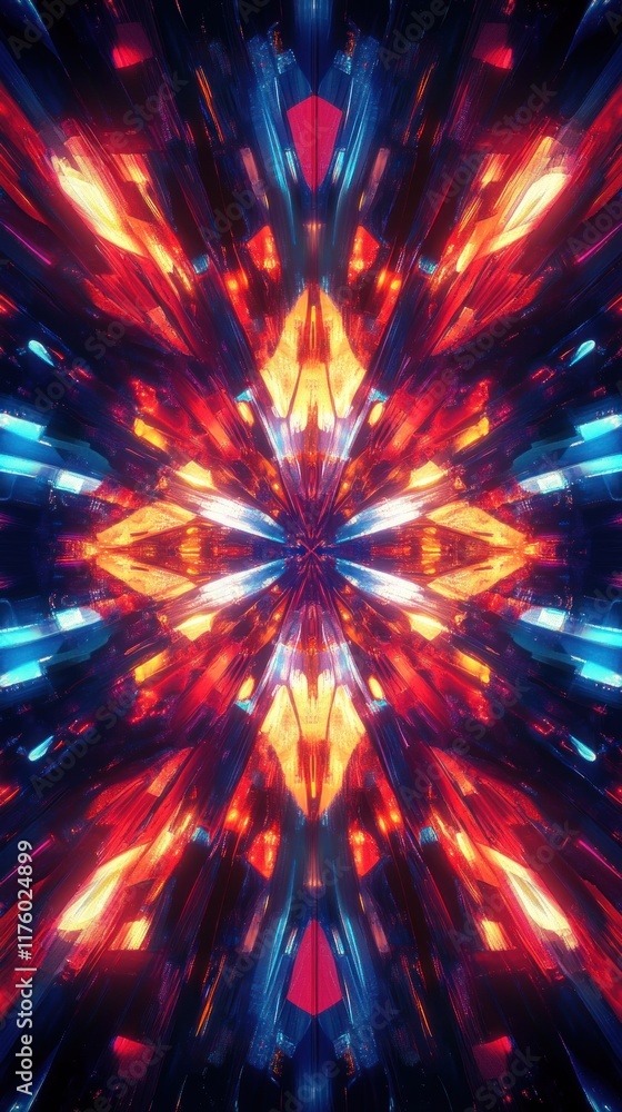 Poster vibrant abstract kaleidoscope with dynamic light patterns and energetic colors enhancing visual dept