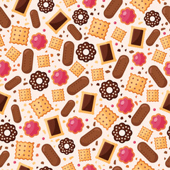 Hand drawn seamless vector pattern with cookies and biscuits. Bakery wallpaper. Background illustration with sweet snacks and crackers