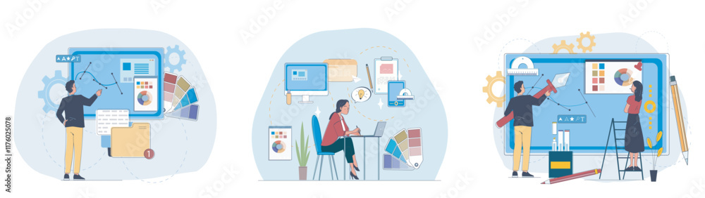 Poster graphic designers set. men and women design graphic elements for website. ui and ux, interface for m