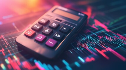 A close-up of a modern calculator placed on a financial market chart with pink and blue graph lines