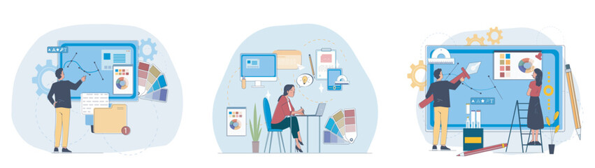 Graphic designers set. Men and women design graphic elements for website. UI and UX, interface for mobile application and program. Linear vector collection isolated on white background