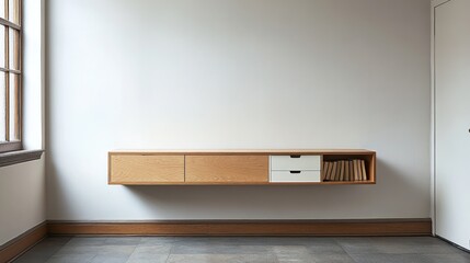 Fototapeta premium Modern minimalist media console, oak wood, wall-mounted, bright room, interior design