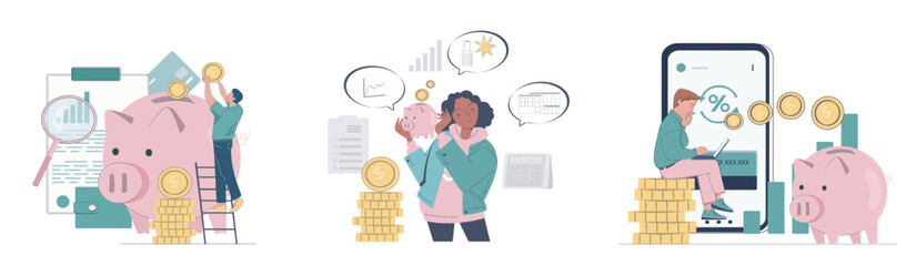 Personal finance set. Men and woman with piggy bank with gold coins. Financial literacy and passive income. Accounting and budgeting. Linear vector collection isolated on white background