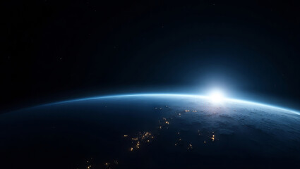 Obraz premium Earth from space at sunrise with glowing horizon and city lights