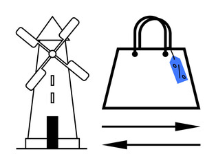 Windmill representing renewable energy next to shopping bag with price tag arrows indicate exchange or movement. Ideal for sustainability, eco-friendly shopping, energy efficiency, circular economy