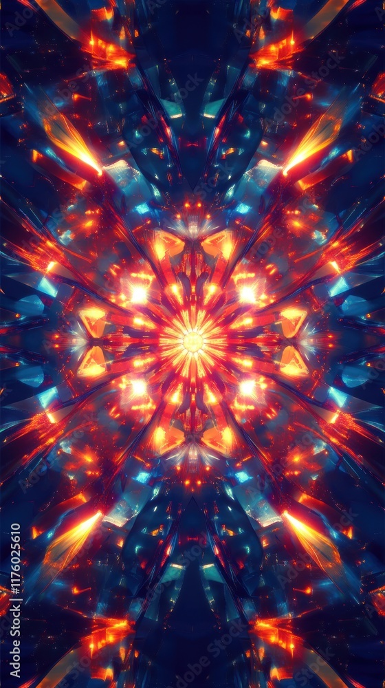Poster vibrant abstract symmetrical pattern with radiant colors and dynamic light effects creating a stunni
