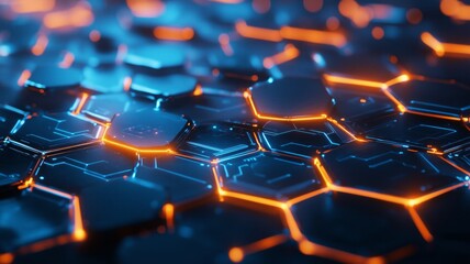Fototapeta premium Futuristic hexagonal grid structure with glowing orange and blue elements