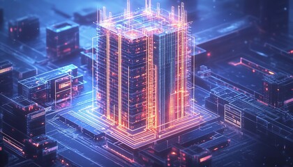 A futuristic cityscape featuring a glowing, high-tech building amidst digital elements.