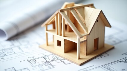 Detailed architectural model of wooden house on blueprints