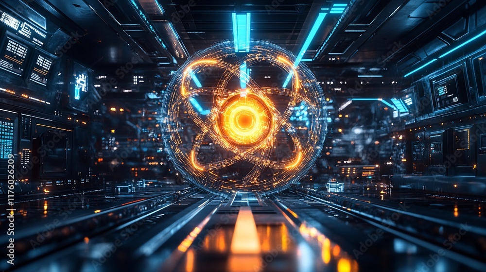 Poster a futuristic digital representation of an atom in a high-tech environment.