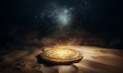 Fantasy mockup with radiant podium on sandy surface illuminated by starlight for creative design and copy space