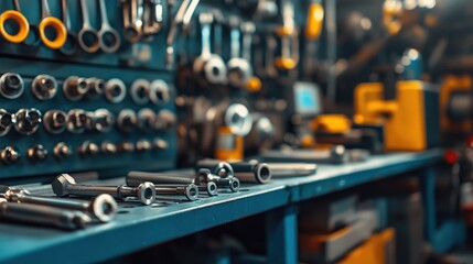 A Visually Captivating Close-Up of an Organized Workshop with Tools, Fasteners, and Equipment Perfect for Mechanical and Industrial Enhancements