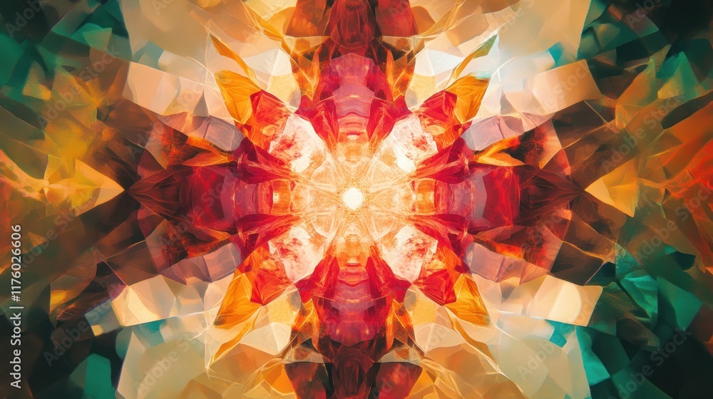 Poster abstract kaleidoscope design featuring vibrant colors and intricate patterns, evoking a sense of sym