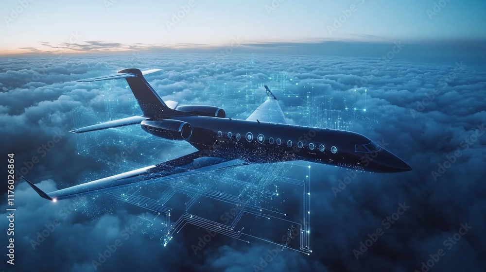 Poster a futuristic jet flying above clouds with digital elements representing technology.