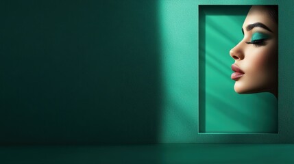 A woman's profile is artistically framed against a rich green background with a dramatic shadow, highlighting her striking makeup and poised expression.