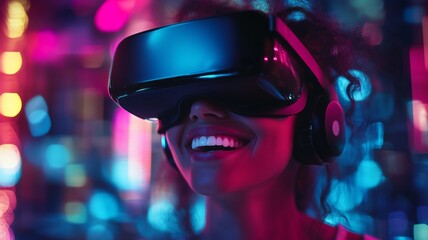 A joyful woman wearing a virtual reality headset, fully immersed in a futuristic digital experience