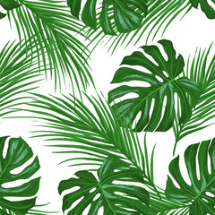 Green tropical palm leaves seamless vector pattern on the black background. Trendy summer print.