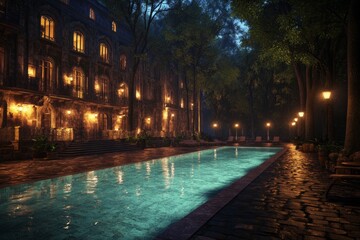 Fototapeta premium A night view of a luxurious villa featuring a pool and a lush garden