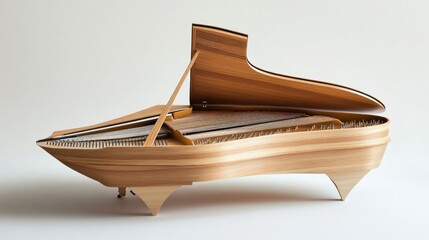 Modern wooden grand piano with open lid, showcasing intricate internal structure and unique design.