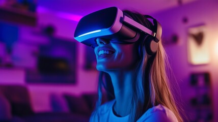 A joyful woman wearing a VR headset immersed in a vibrant digital experience with colorful neon lights