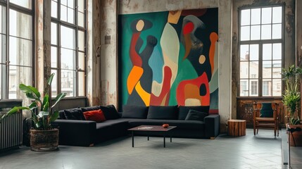 Modern loft apartment interior with large abstract painting, sectional sofa, and large windows.