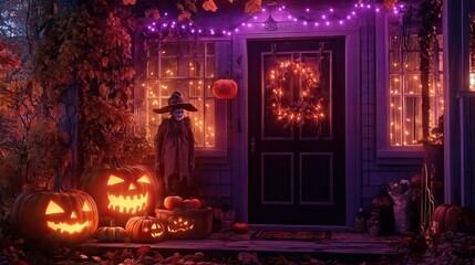 Obraz premium Halloween porch with carved pumpkins, scarecrow, and lights.