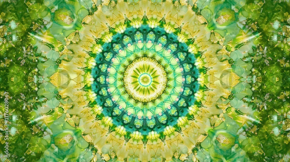 Poster vibrant green and yellow kaleidoscope pattern displaying intricate mandala design over a textured ba