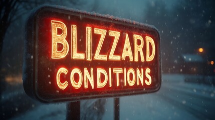 Sign that reads &ldquo;BLIZZARD CONDITIONS&rdquo; - SNOW -WIND - WINTER STORM - BAD WEATHER - TRAFFIC - ROADS - DANGER - ANNOUNCEMENT - WARNING