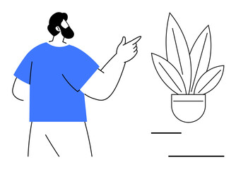 Man in blue shirt pointing towards a potted plant. Ideal for teamwork, guidance, presentation, growth, nature, collaboration, conversation. Abstract line flat metaphor