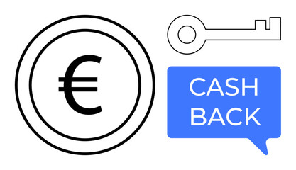 Euro symbol in a circle, outline of a key, and blue speech bubble with CASH BACK. Ideal for finance, savings, secure transactions, reward systems, consumer benefits, economic incentives money