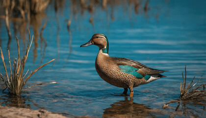 Obraz premium Duck stands gracefully in shallow water surrounded by tall grass during a sunny day