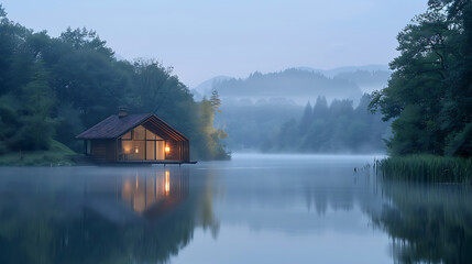 Fototapeta premium Serene Lake House at Dusk